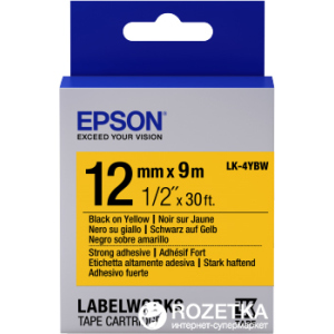 Картридж зі стрічкою Epson LabelWorks LK4YBW9 Strong Adhesive 12 мм 9 м Black/Yellow (C53S654014) краща модель в Івано-Франківську