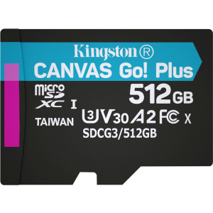 Kingston MicroSDXC 512 ГБ Canvas Go! Plus Class 10 UHS-I U3 V30 A2 (SDCG3/512GBSP) краща модель в Івано-Франківську