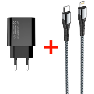 Мережевий зарядний пристрій СolorWay Power Delivery USB Type-C (20W) V2 + Кабель Type-C-Apple Lightning (PD 30W) 3.0А 1 м (CW-CHS026PD-BK/CBPDCL033-GR) в Івано-Франківську