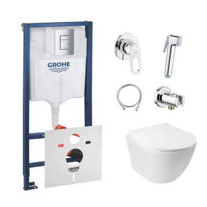 хорошая модель Комплект инсталляция Grohe Rapid SL 38772001 + унитаз с сиденьем Qtap Jay QT07335176W + набор для гигиенического душа со смесителем Grohe BauLoop 111042