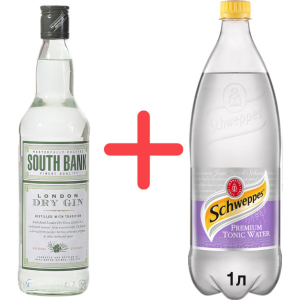 Джин South Bank London Dry Gin 0.7 л 37.5% + Безалкогольный напиток Schweppes Tonic 1 л (5021692111121)