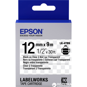 Картридж зі стрічкою Epson LabelWorks LK4TBN 12 мм / 9 м Black/Clear (C53S654012) краща модель в Івано-Франківську