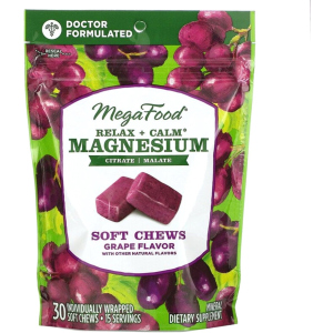 Успокаивающий Магний, вкус винограда, Relax + Calm Magnesium Soft Chews, Grape, Mega Food 30 мягких жевательных конфет в индивидуальной упаковке (51494103999)