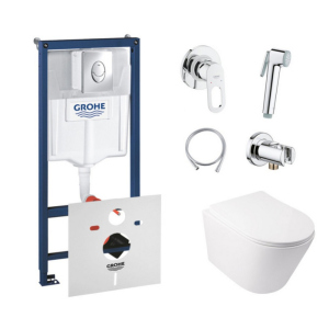 хорошая модель Комплект инсталляция Grohe Rapid SL 38721001 + унитаз с сиденьем Qtap Swan QT16335178W + набор для гигиенического душа со смесителем Grohe BauLoop 111042