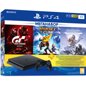 Ігрова приставка PlayStation 4 1ТБ Black у комплекті з 3 іграми та підпискою PS Plus (Ratchet &amp; Clank + Horizon Zero Dawn + Gran Turismo Sport + PS Plus 3 місяці) в Івано-Франківську