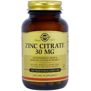 Цинк Solgar Цитрат, 30 мг, Zinc Citrate, 100 вегетарианских капсул (33984036703) лучшая модель в Ивано-Франковске