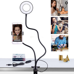 Тримач гнучкий UKC для смартфона штатив PLUS LED підсвічуванням кільце на прищіпці для трансляцій блогера Professional Live Stream Black ТОП в Івано-Франківську